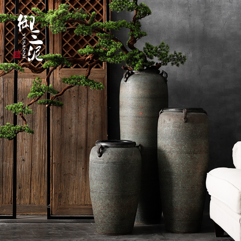 Retro thick clay ground are dried flowers sitting room vase decoration furnishing articles Chinese modern pottery large - diameter zen flowerpot