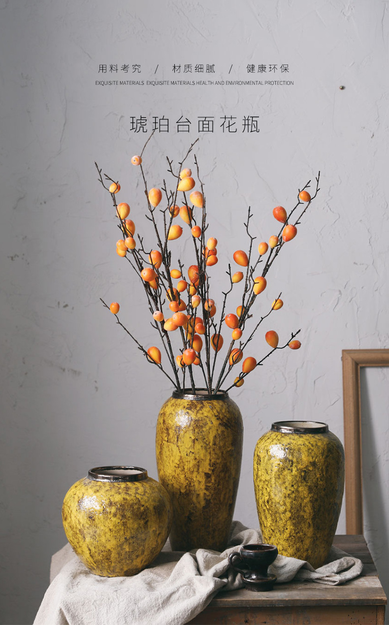 Royal three clay ceramic vase mesa amber yellow desktop furnishing articles sitting room of rural wind decorative dried flowers, flower implement arranging flowers