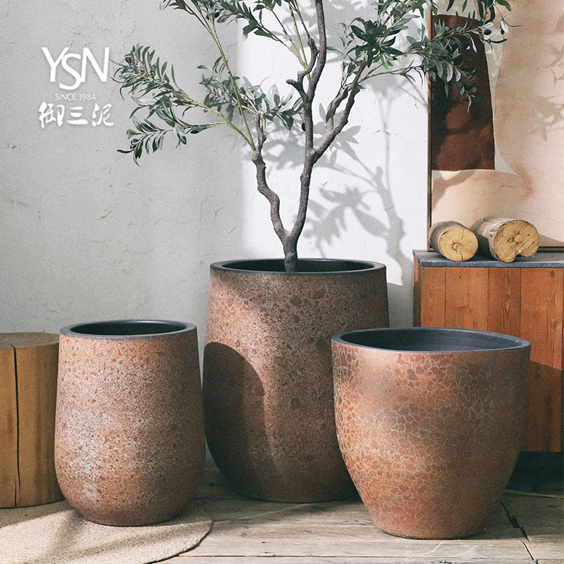Royal three mud coarse pottery modern Nordic flowerpot retro red pottery glaze green plant grown large vase basin decorative furnishing articles