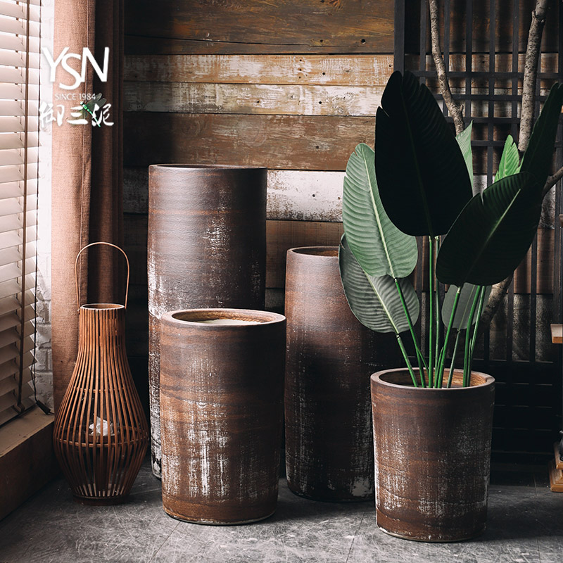 Royal three mud coarse pottery flowerpot restoring ancient ways of large diameter vase Nordic contracted and I pottery, green plant adornment furnishing articles