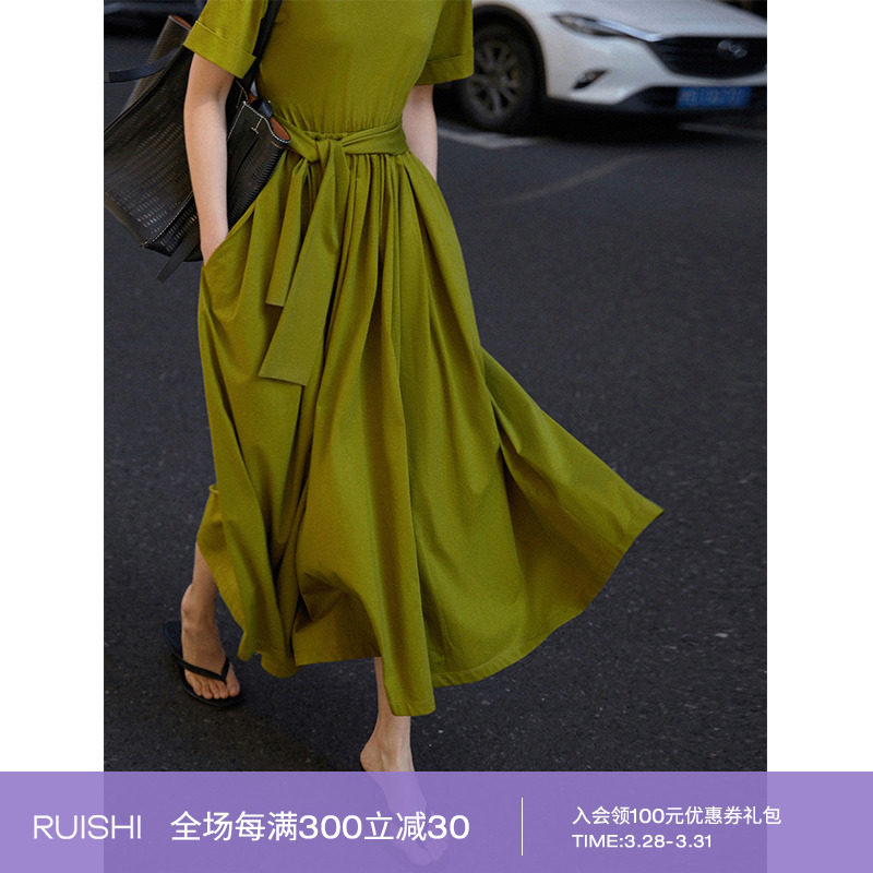 Time of Remain CHAO Large pendulum Summer pure cotton comfort strap to collect waist short sleeves T-shirt for women's length E L