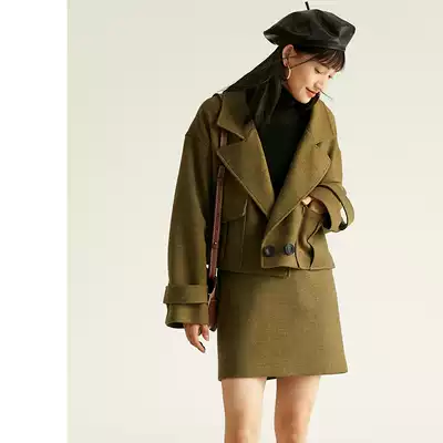 Rui time 2020 Autumn mustard green worsted wool short coat skirt set women g Q