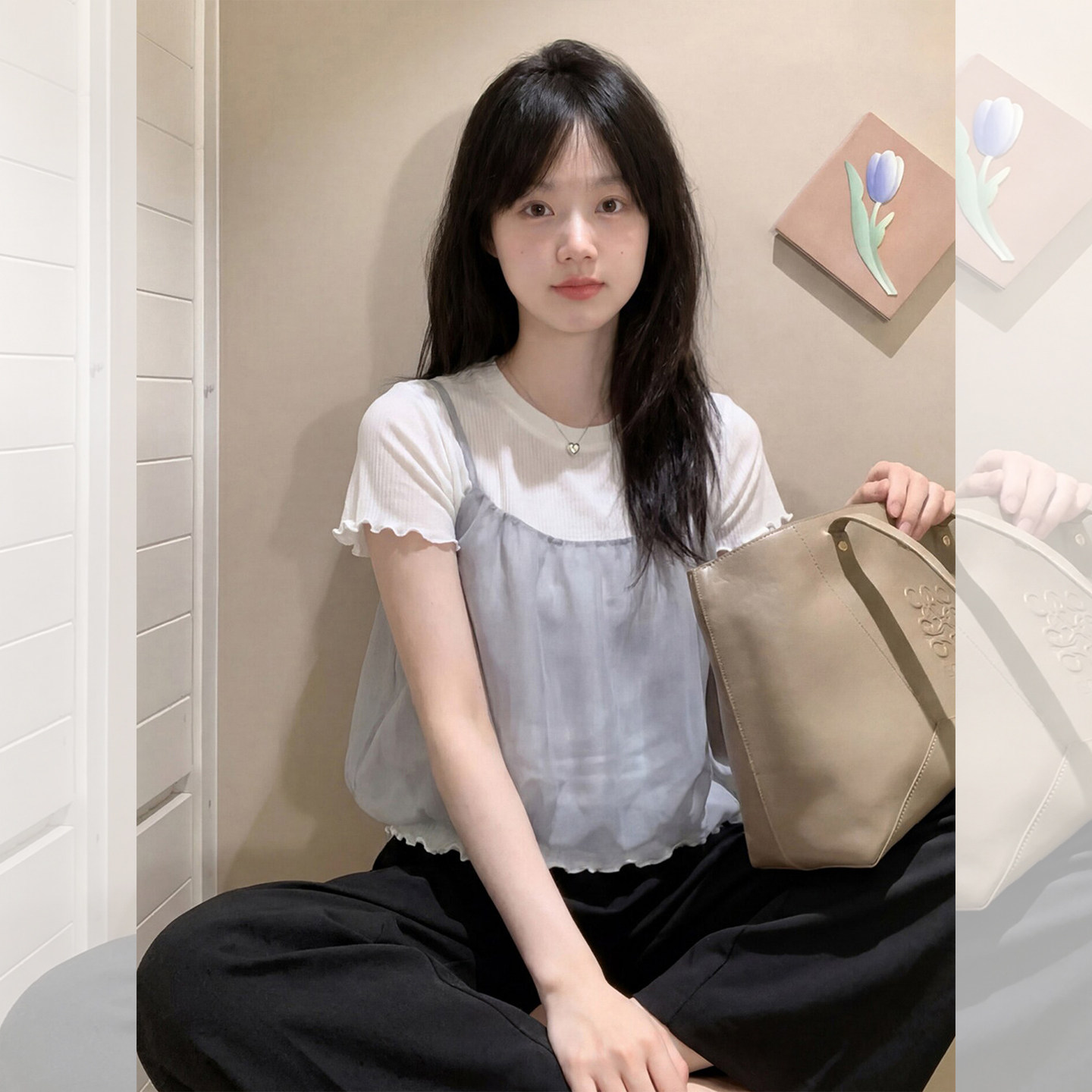 时尚2026春夏季新款韩系小众松弛简约遮肉显瘦木耳边假两件短袖女