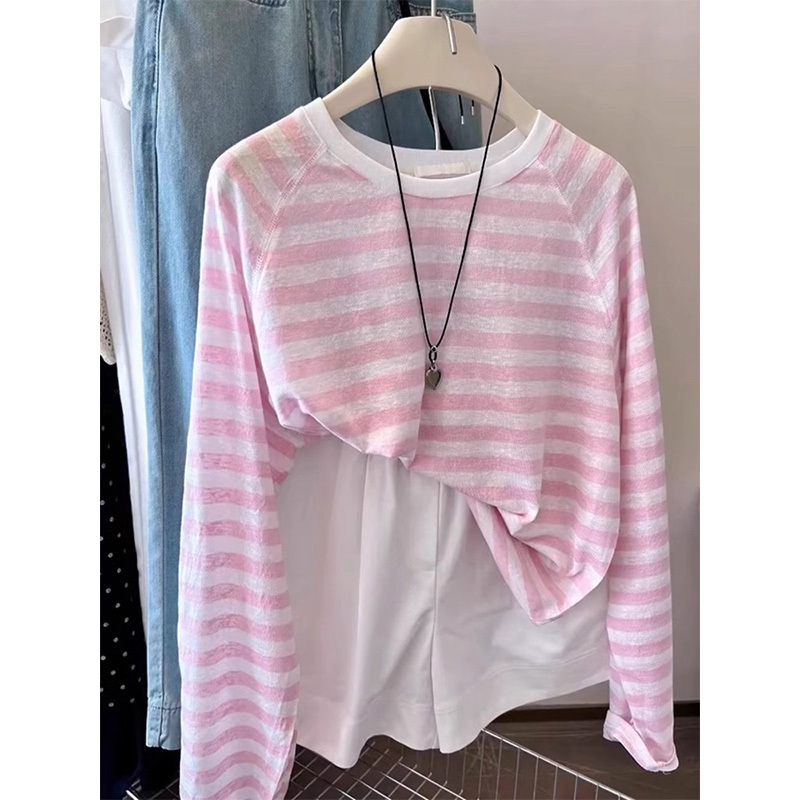 2026 New Design Loose Fit Slimming Thin Sun-Protective Long-Sleeve Top Pink Striped T-Shirt for Women Summer