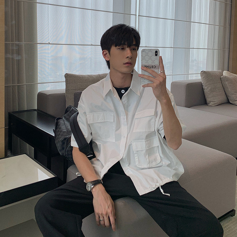 Hualun summer Japanese boys' shirt men's design sense niche short-sleeved trend casual cotton blue shirt tide