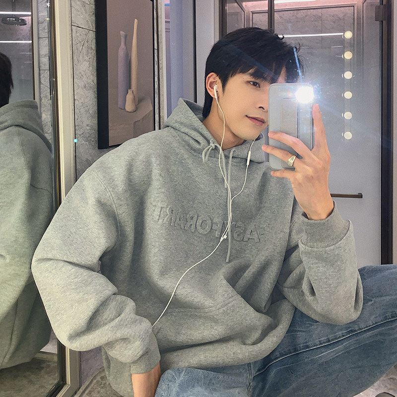 Huanun Autumn Winter Plus Suede Thickened Pure Color Couple Thick T-Shirt Men's Hat Ins Winter Grey Loose Casual Hoodie