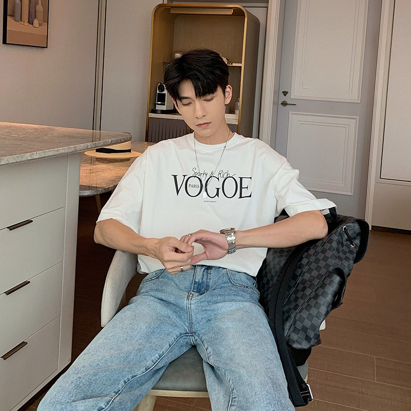 Hualun summer men's short-sleeved white t-shirt men's ins Korean version of the trend loose all-match cotton boys printed T-shirt