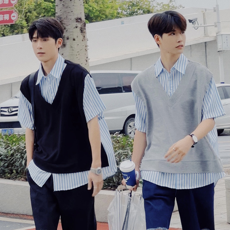 Hualun summer tide ins short sleeves fake two tops men's college style haute sense of pimpled handsome stitching striped shirt