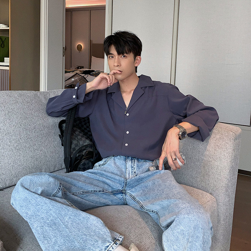 Hualun spring niche design drape Cuban collar shirt men's long-sleeved solid color slim Korean casual shirt