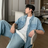 Летняя тонкая синяя рубашка, комплект, изысканный стиль