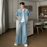 Летняя тонкая синяя рубашка, комплект, изысканный стиль