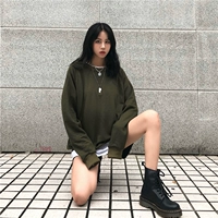 Mùa thu phiên bản Hàn Quốc của đường phố ulzzang Harajuku Áo sơ mi dụng cụ Nhật Bản bf lỏng quân đội áo len thư màu xanh lá cây phụ nữ áo nỉ dáng dài