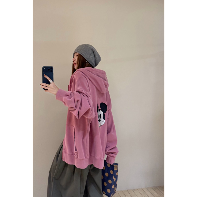9.4/ "Distressed Washed'Mickey' Northeastern Boss Lady ~ Oversized Relaxed Fit Hooded Casual Sweatshirt with Hood Design