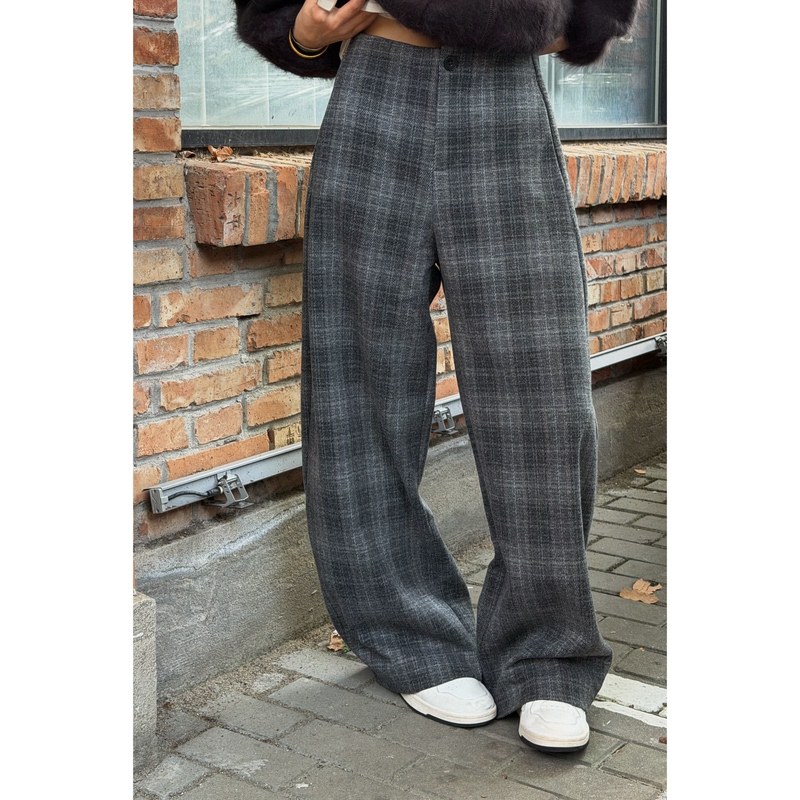 10.11/ "Pine Smoke Gray Tea" Zhang Ying's Gray Checkered Autumn and Winter Silk Wool High-Waisted Versatile Wide-Leg Pants for Commuting
