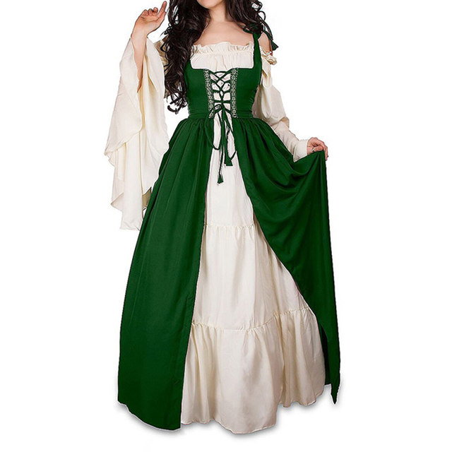 European and American square collar tied waist medieval Renaissance retro dress drama stage cosplay clothing female