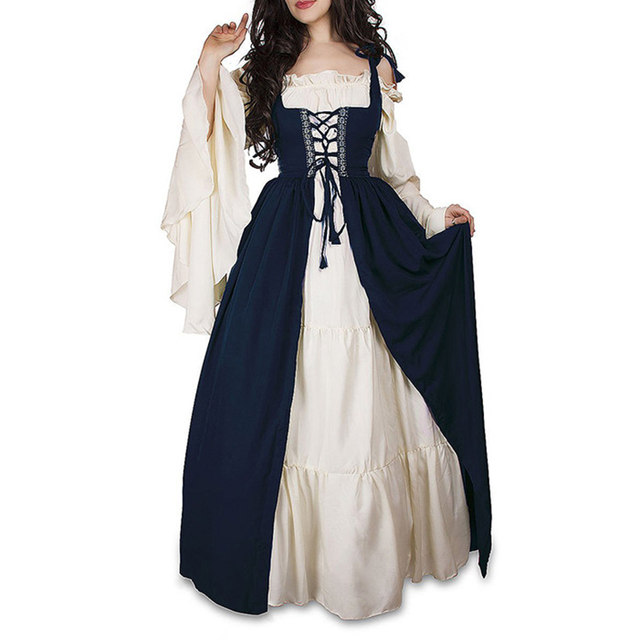 European and American square collar tied waist medieval Renaissance retro dress drama stage cosplay clothing female