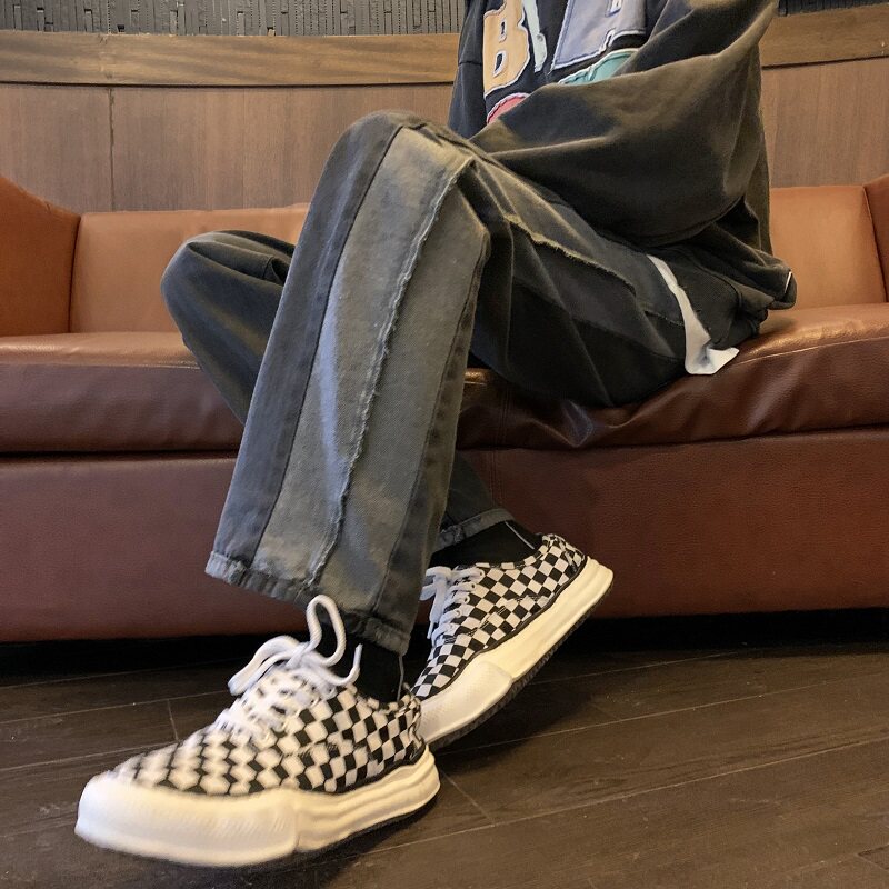 Spring Autumn Port Wind Street Retro Splicing Washed jeans Chains with high waist pendant Loose Straight Barrel Long Pants Man