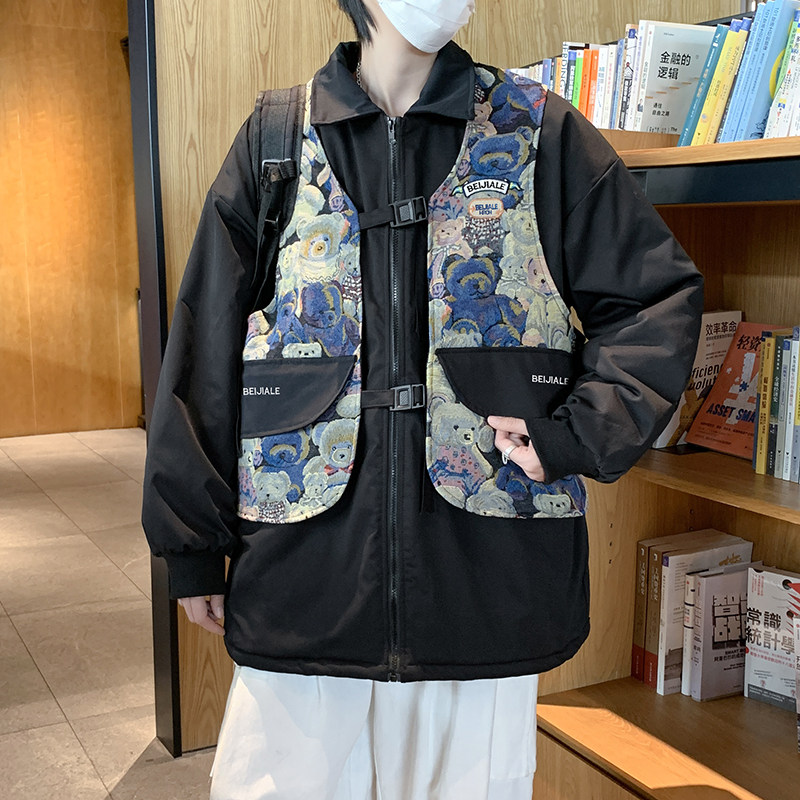 2022 Spring Small Bear Splicing Design Sensation collar jacket Men's boomers Loose Fake two Machia Overalls jacket