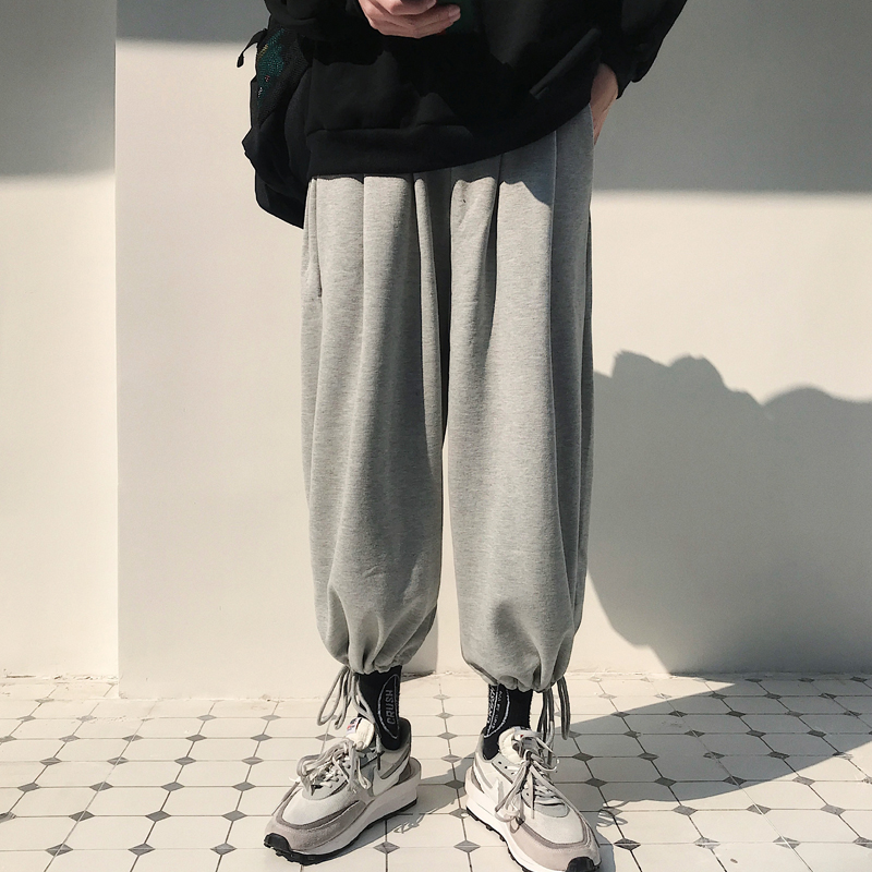 Spring and autumn sports pants mens tide Korean version loose straight drawstring bundle pants Hong Kong wind casual wei pants student solid color