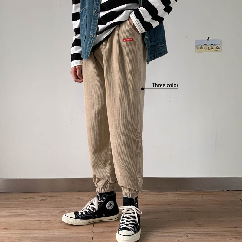 2020 spring and autumn casual pants mens loose straight tide brand corduroy long pants bundle feet wild solid color trend