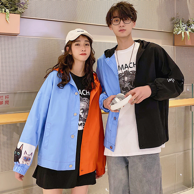 2020 spring new couple jacket ins super rush color jacket with hat loose cat Japanese trend students