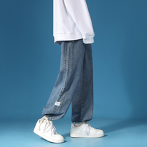 2022 New High Street Superfire Chaochio jeans Mens loose straight cylinder Drawing Rope bunches Two Wearing Broadleg Pants Men