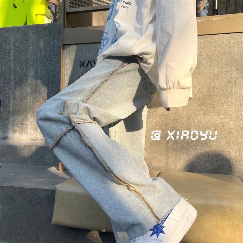 High-quality stitching jeans men's American street ruffian handsome casual long pants spring and autumn design sense straight pants drape - Taobao