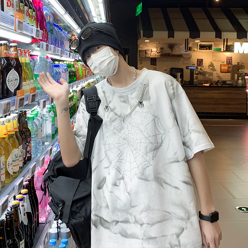 American Chaos Summer T-shirt Male short sleeve inlaid drill ultra-connected personality hip hop loose half sleeve clothes design Sense Ins