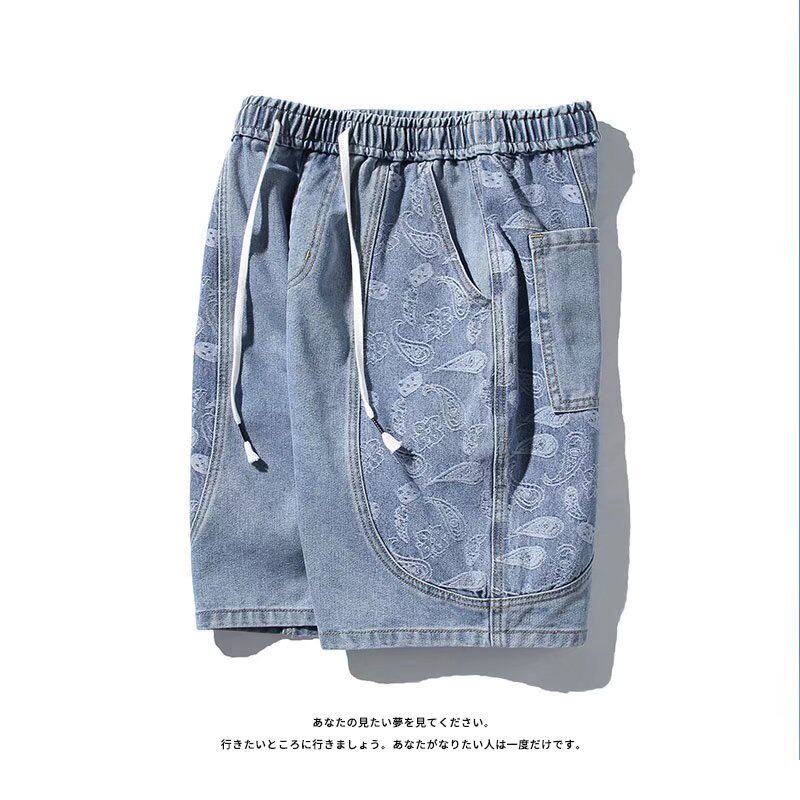 Cashew Nut Flower Splicing Denim Shorts Male Summer Thin Tide Cards Ins Nets Red Straight Cylinder Loose Tide 50% Pants