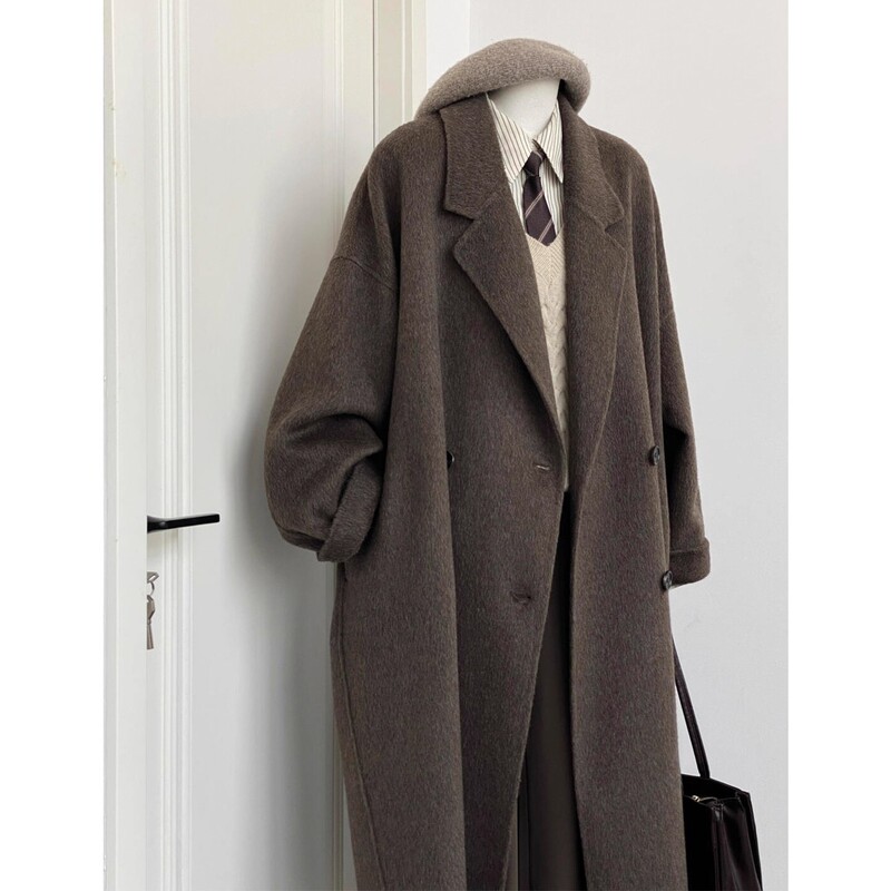 Maillard Brown Autumn/Winter New Double-Sided Cashmere Coat for Women, Mid-Length Korean Style Loose High-End Woolen Coat