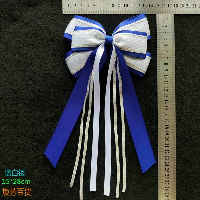 Flower Ball Cheerleading Aerobics Sapphire Blue and Silver Bow Hair Accessories Hair Clip Head Flower Headwear School Games Competition