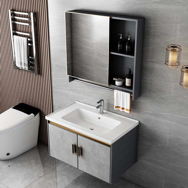 Space Aluminum Rock Slab Bathroom Cabinet Set for Small Apartments, Integrated Washbasin and Sink for Bathroom