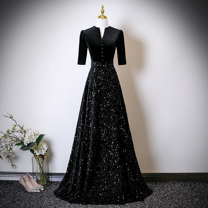 Black Sequin Evening Dress, Piano Performance Exam Choir Conductor Outfit, Elegant and Slimming, Annual Meeting Host Dress