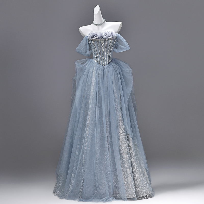 Fairy-Style, Heavy-Duty, Elegant Off-Shoulder Strapless Long Dress with Blue Sequins for Student Art Exams, Coming-Of-Age Ceremony, and Performance Dress for Women