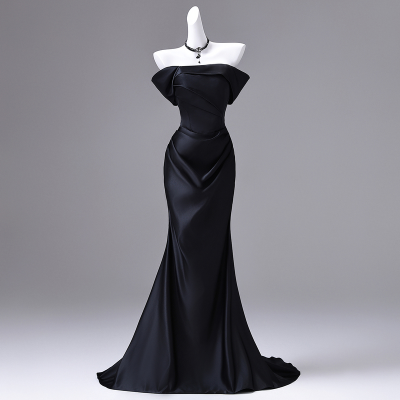 French-Style Black Off-Shoulder Evening Dress for Women 2026 New Model Art Exam Coming-Of-Age Ceremony Evening Wear Satin Annual Meeting Host