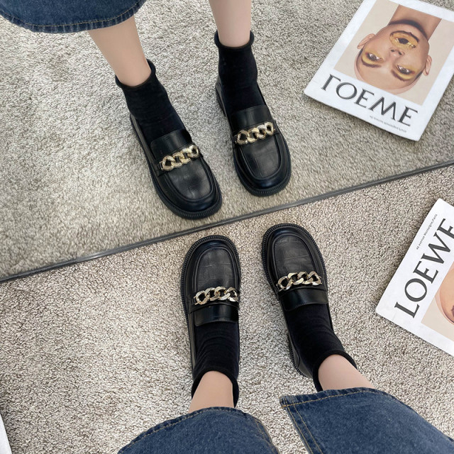 British small leather shoes women's autumn and winter 2021 new women's shoes one-pedal flat and velvet loafers black working shoes