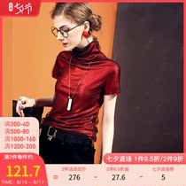 2021 new autumn European womens high-neck short-sleeved t-shirt womens European station slim-fit bright screen yarn bottoming shirt trend