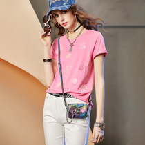 European Standing Pink Short Sleeve T-shirt Woman 2022 New summer sequin embroidered undershirt with design sensation blouse