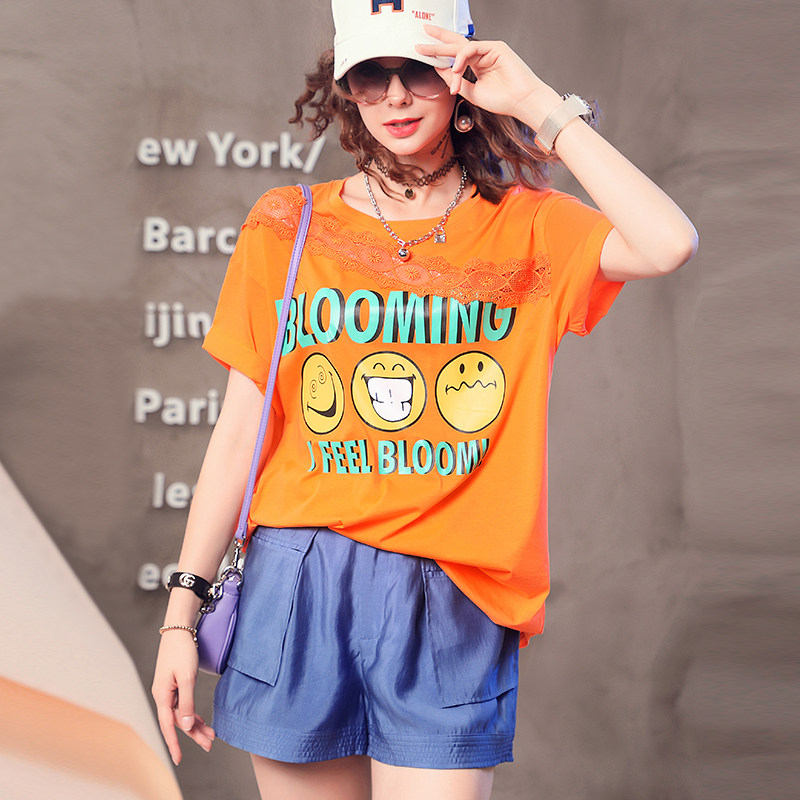 European station short-sleeved t-shirt women's 2022 new summer stitching hollow lace letter printing loose shirt trend