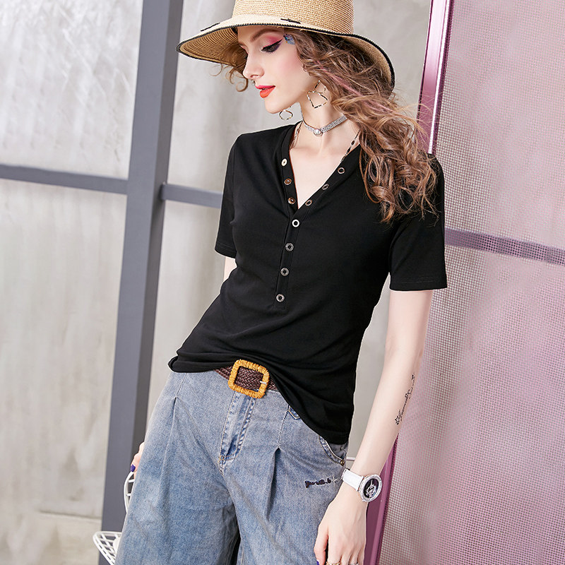 European station 2022 spring new Western style fashion V-neck short-sleeved T-shirt women's black slim fit all-match T-shirt bottoming shirt