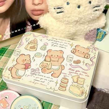 Ins creamy style small card storage butter bear high-value iron box student desktop organizer note storage box