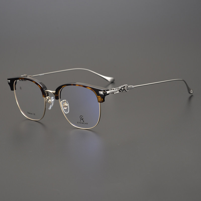 Retro glasses frame ultra light pure titanium semi-box size face can be matched with myopia male and female models anti-blue black appearance thin