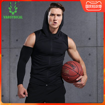 Mens sleeveless fitness clothes stretch training sports fitness clothes hooded jacket basketball running casual top