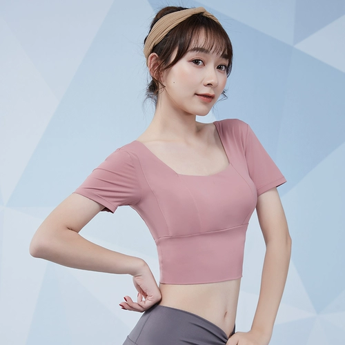 Эластичная летняя одежда для йоги, сексуальный спортивный топ с чашечками для тренировок для спортзала, в обтяжку, для бега, короткий рукав