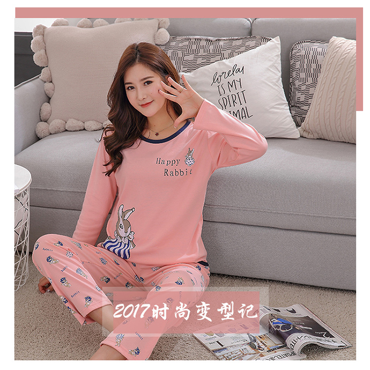 Bộ đồ ngủ nữ cổ tròn Bộ quần dài tay cotton mùa thu của phụ nữ có thể mặc ngoài mùa thu đông mùa đông ngọt ngào và đáng yêu của dịch vụ gia đình kiểu áo đồ bộ
