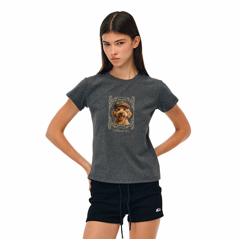 Mokacme Original Design Retro Teddy Dog Cute Dog Slim Fit Elastic Slimming Regular Shoulder Short Sleeve T-Shirt for Women