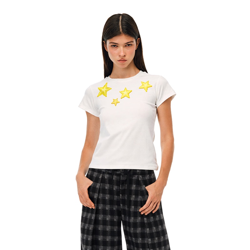 Mokacme Original Design Star Fruit Print Slim Fit Stretchy Trendy Slimming Regular Shoulder Short Sleeve Women's Clothing