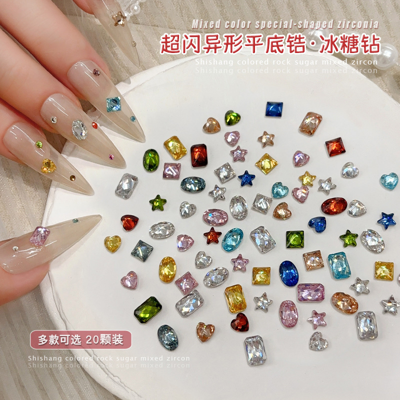 Colorful Zircon Nail Art Decorations, Sparkling Flat-Bottomed Pigeon Eggs, Hearts, Five-Pointed Stars, Rock Candy, Irregular-Shaped Nail Diamonds Colorful Zircon Nail Art Decorations, Sparkling Flat-Bottomed Pigeon Eggs, Hearts, Five-Pointed Stars, Rock Candy, Irregular-Shaped Nail Diamonds