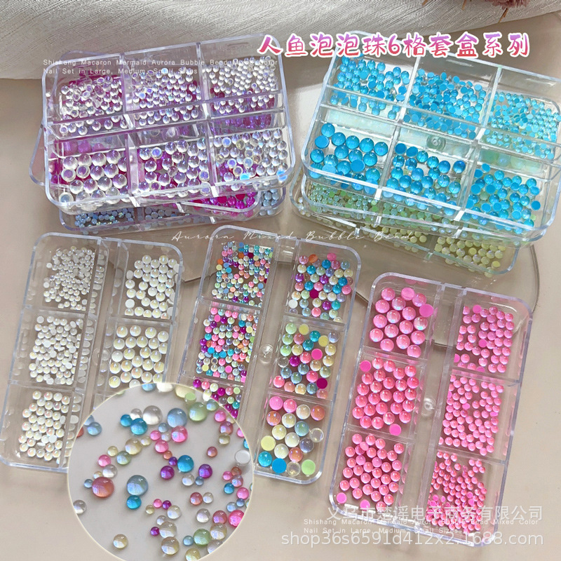 Mermaid Bubble Beads Nail Art Accessories Cross-Border Hot-Selling Semi-Circular Flat-Bottom Aurora Iridescent Macaron Candy Color Nail Rhinestones