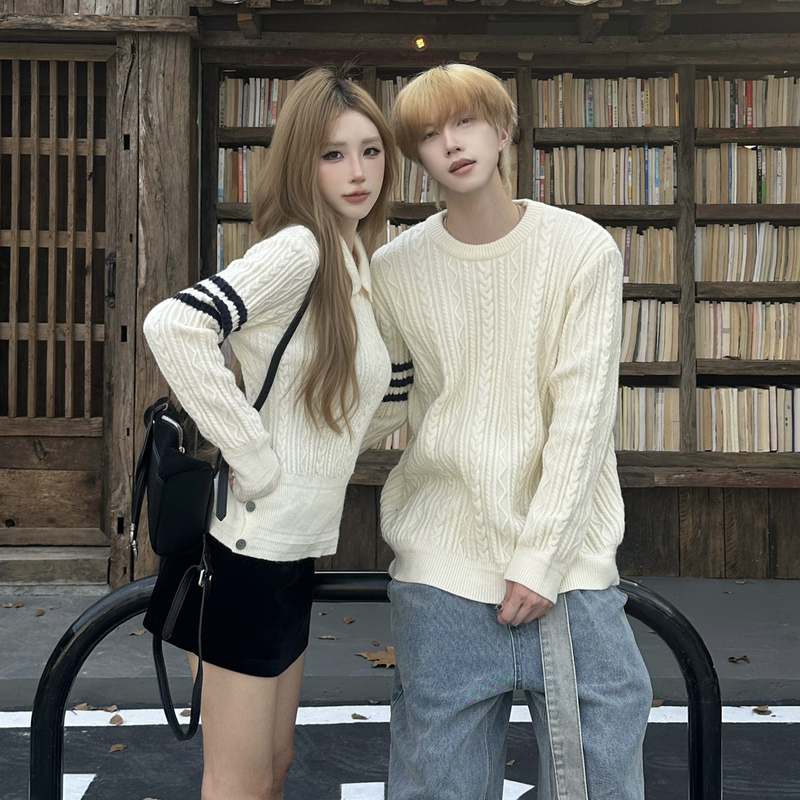 College Style Twist-Knit Polo Shirt Casual Regular Shoulder Top Lazy Style Couple Sweater 2026 Autumn and Winter New Style